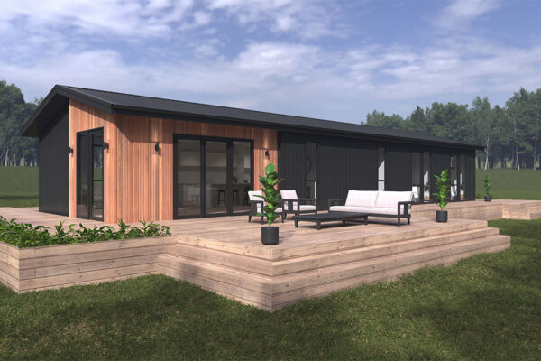 Exterior-Gable-B3-120-Scullery Exterior view of a transportable home from Transbuild with wrap around deck