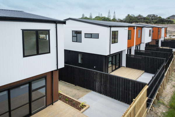 Transbuild blocks_LR13 Transbuild Developer Series housing section with birdseye view of two storey homes with backyard decks and fencing