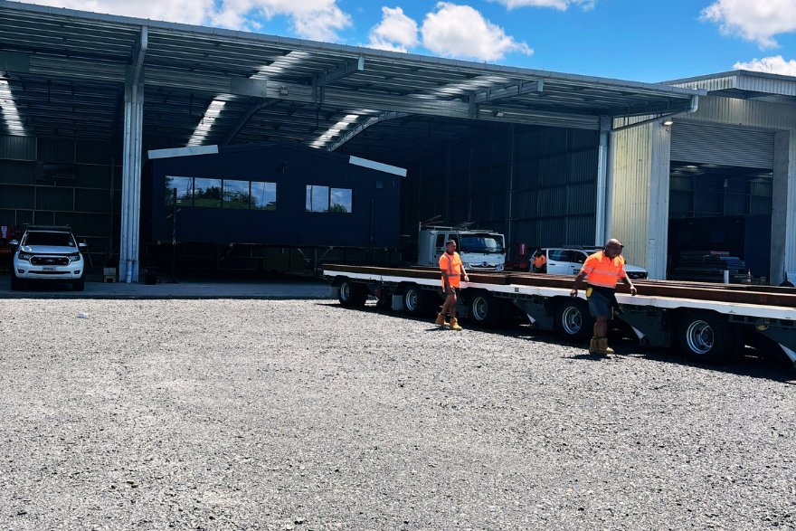 Transbuild commerical port of auckland transportable buildings delivery installation factory prebuilt offsite (14) Factory built commercial office by Transbuild Commercial for Port of Auckland offsite. Truck loading.