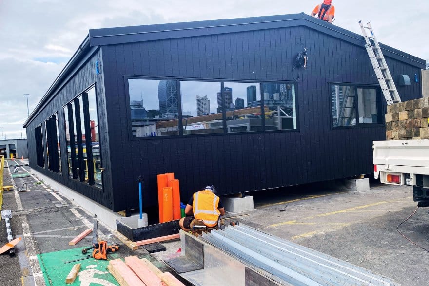 Transportable commercial building ports of auckland install (2) Port of Auckland prefab project completed by professional team at Transbuild Commercial installation process