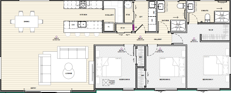 Huxley 127sqm Floor Plan by Transbuild - transportable home open plan living.