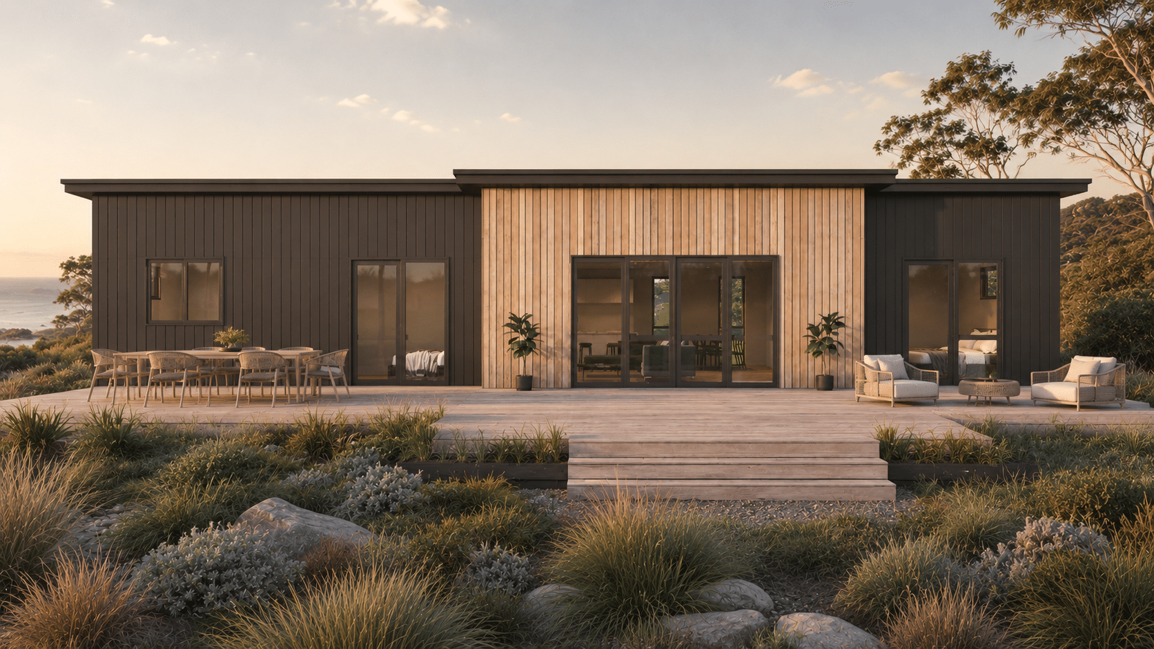 Kawerau 119 Exterior Dual Gable - Mono coastal theme prefab home nz