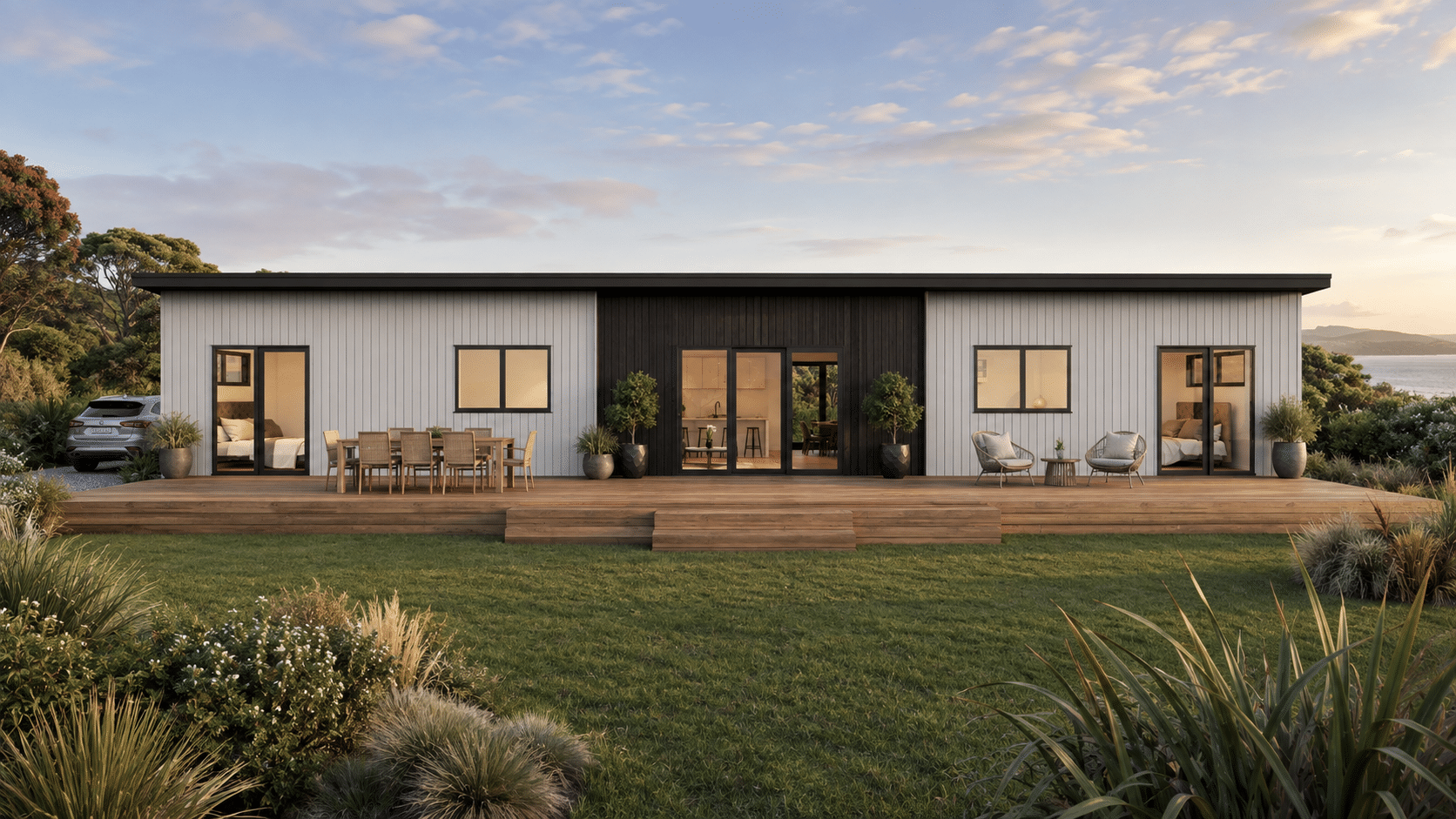 Burns 133 Mono Exterior prefab coastal home nz architectural design nz