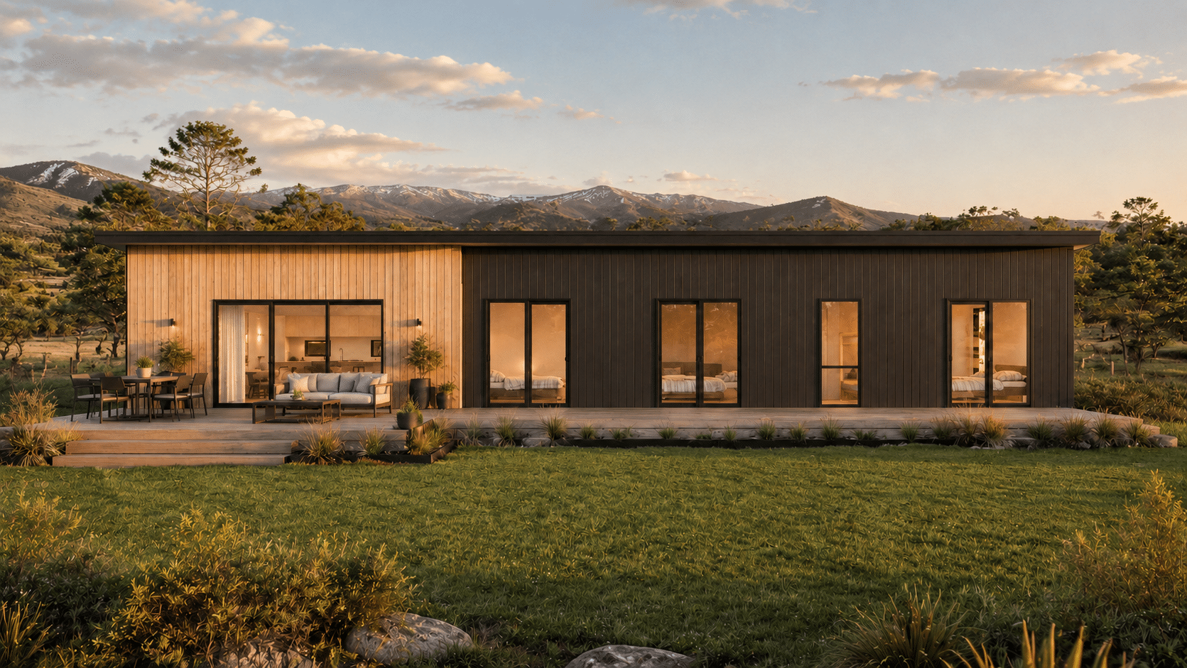 Mono roof Ruapehu 151 flagship show home plan by Transbuild Award Winning prefab home nz