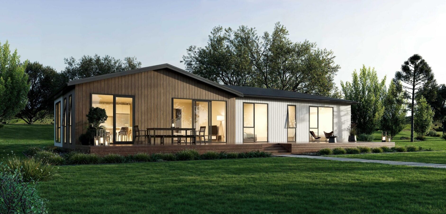 Render of Te Aroha transportable 3 bedroom home exterior