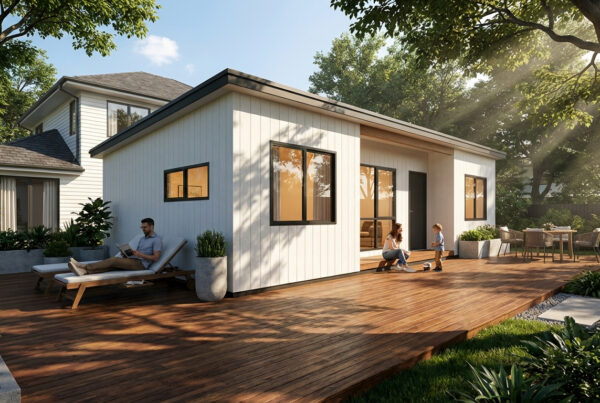 3 bedroom - Render of Granny Flat Minor Dwelling Tutoko 70 Plus in residential setting.