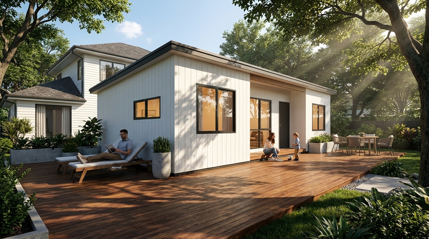 3 bedroom - Render of Granny Flat Minor Dwelling Tutoko 70 Plus in residential setting.