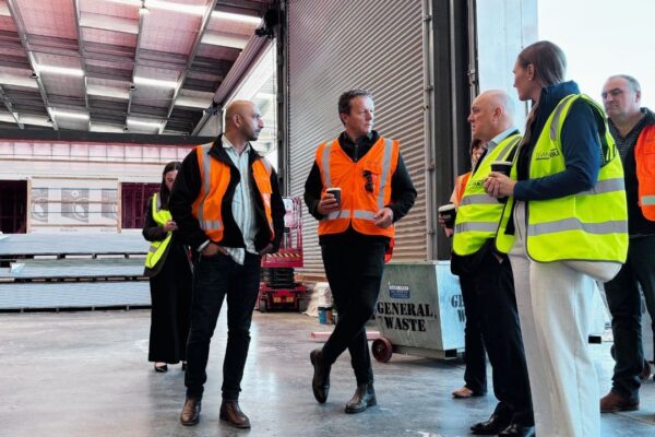 PM Christopher Luxon Visits Transbuild prefab offsite builder nz (1) Sam Paterson Transbuild CEO in factory with PM Christopher Luxon